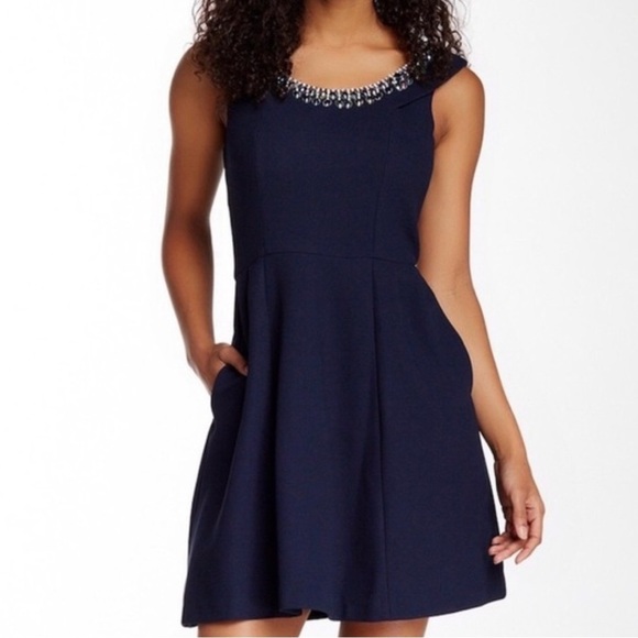 Betsey Johnson Jeweled Fit & Flare Cocktail Navy Mini Dress - Picture 1 of 13